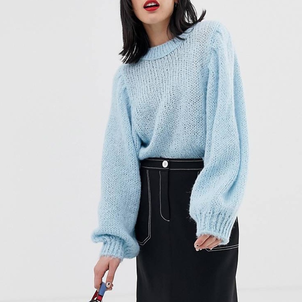 ASOS DESIGN Jumper in Lofty Yarn with Volume Sleeve in Blue